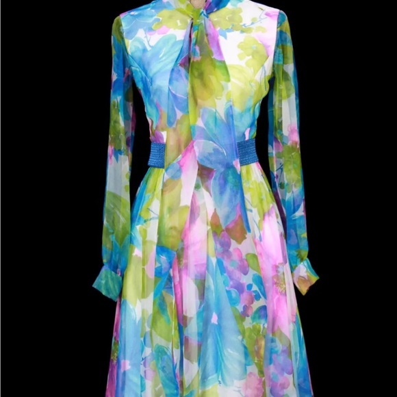 Vtg 60s 70s Boho Hippie Blue Floral Chiffon dress PROM Wedding Party Jack Bryan - Picture 2 of 7